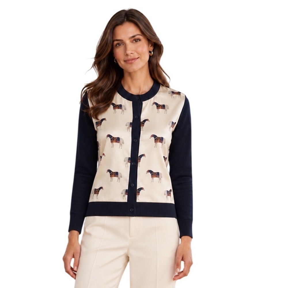 Tory Burch Silk Front Cardigan Merino Wool Horse Print Equestrian Old Money S